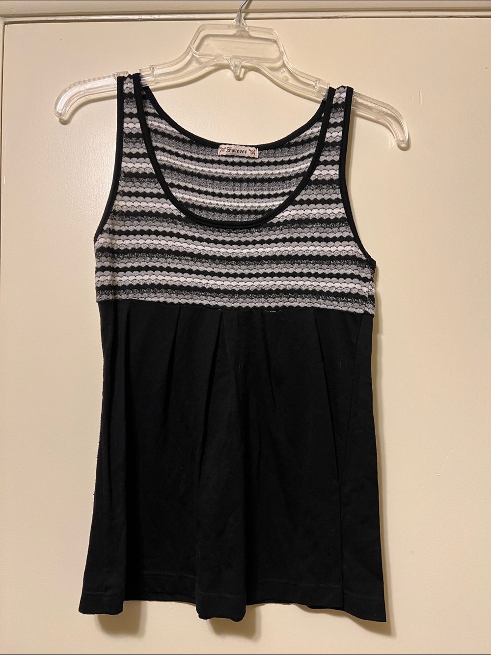Sleeveless Black Tank Top with Striped Lace Yoke